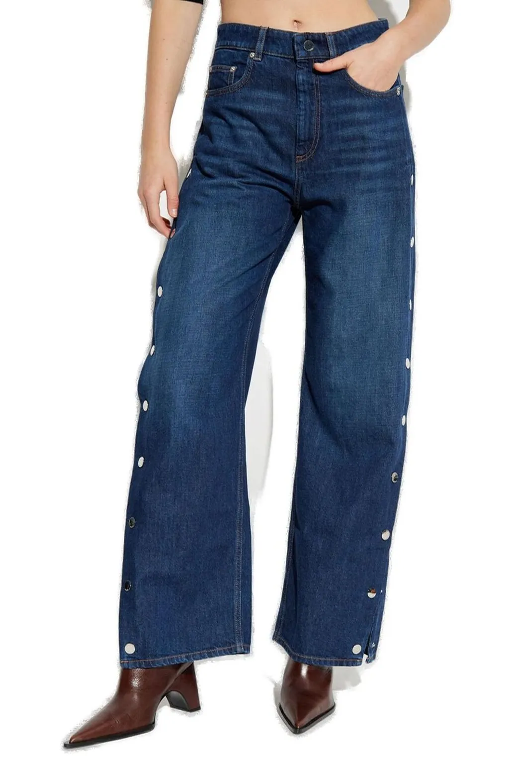High-Waisted Wide-Leg Jeans With Snap Button Closure