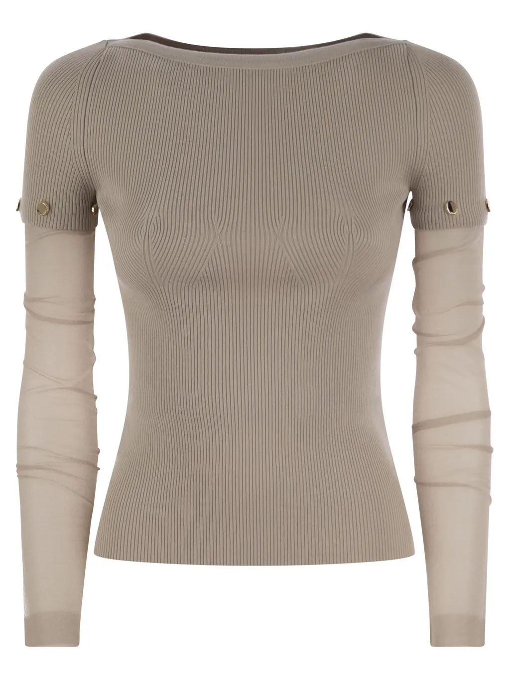 Ribbed Knit Top With Sheer Sleeves