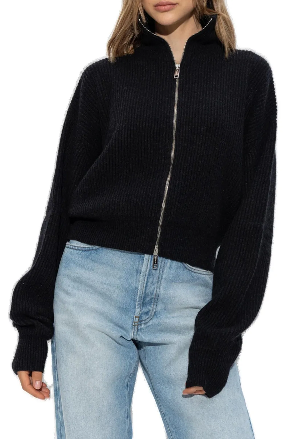 Ribbed Knit Zip-Up Cardigan