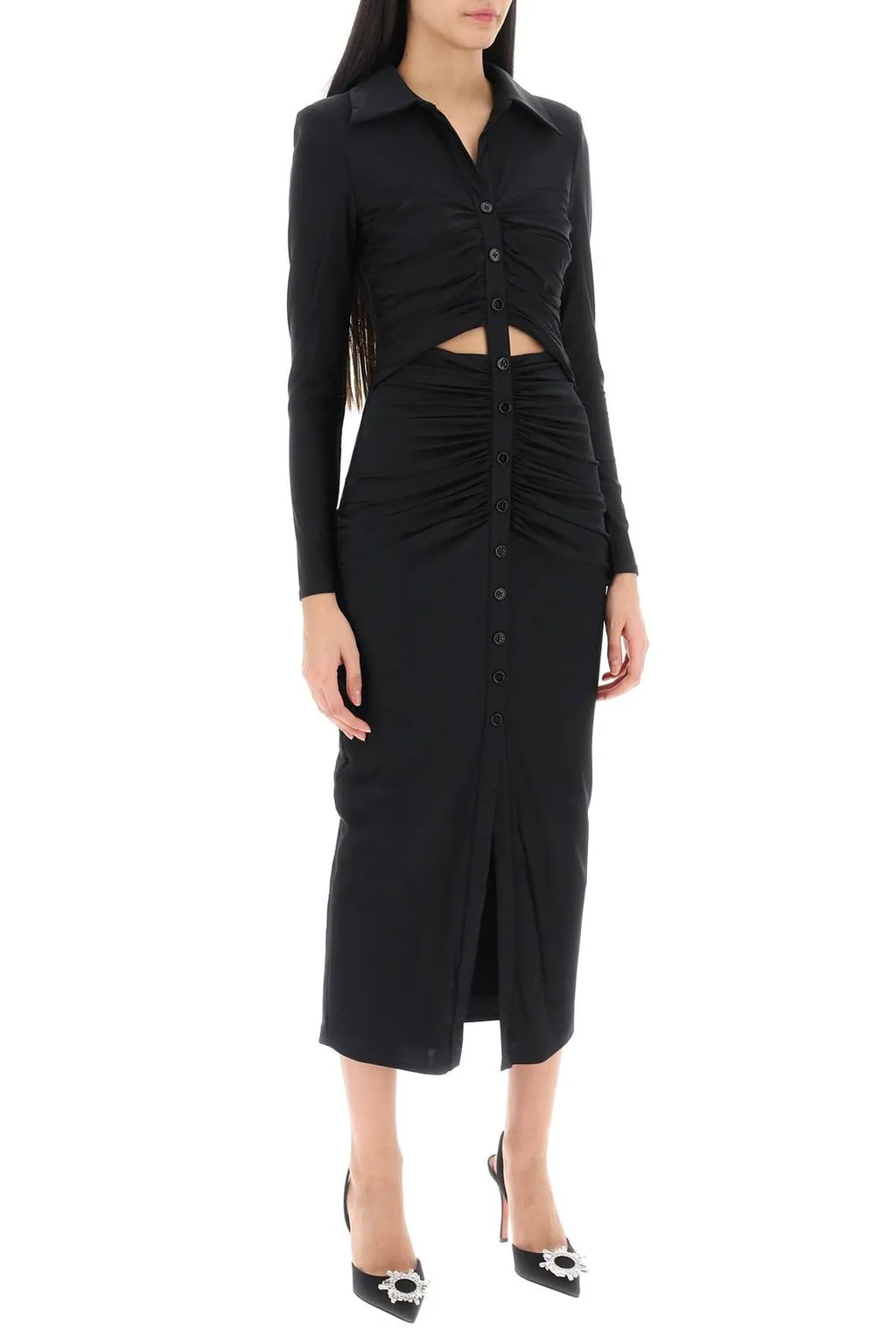 Ruched Button-Front Midi Dress