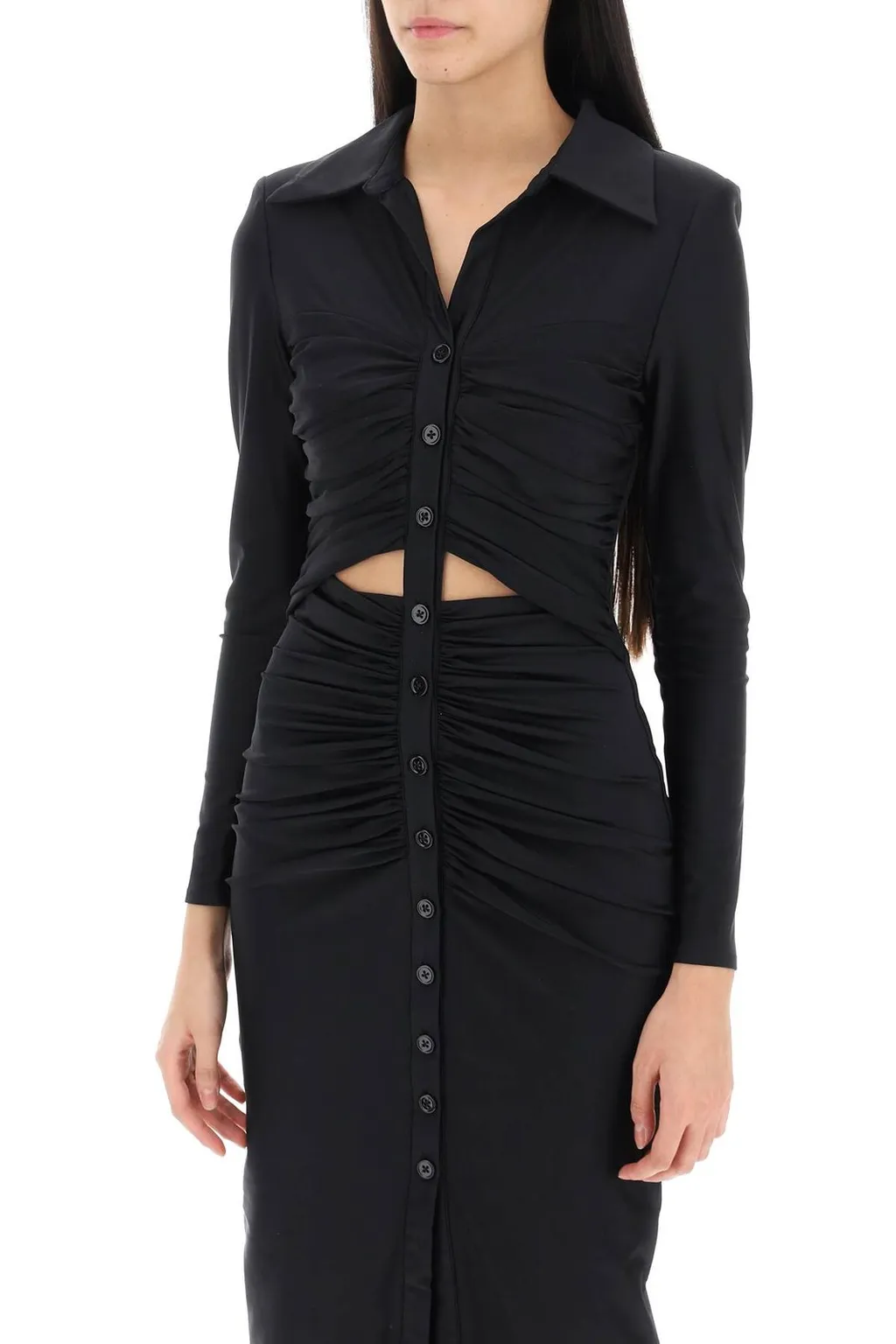 Ruched Button-Front Midi Dress