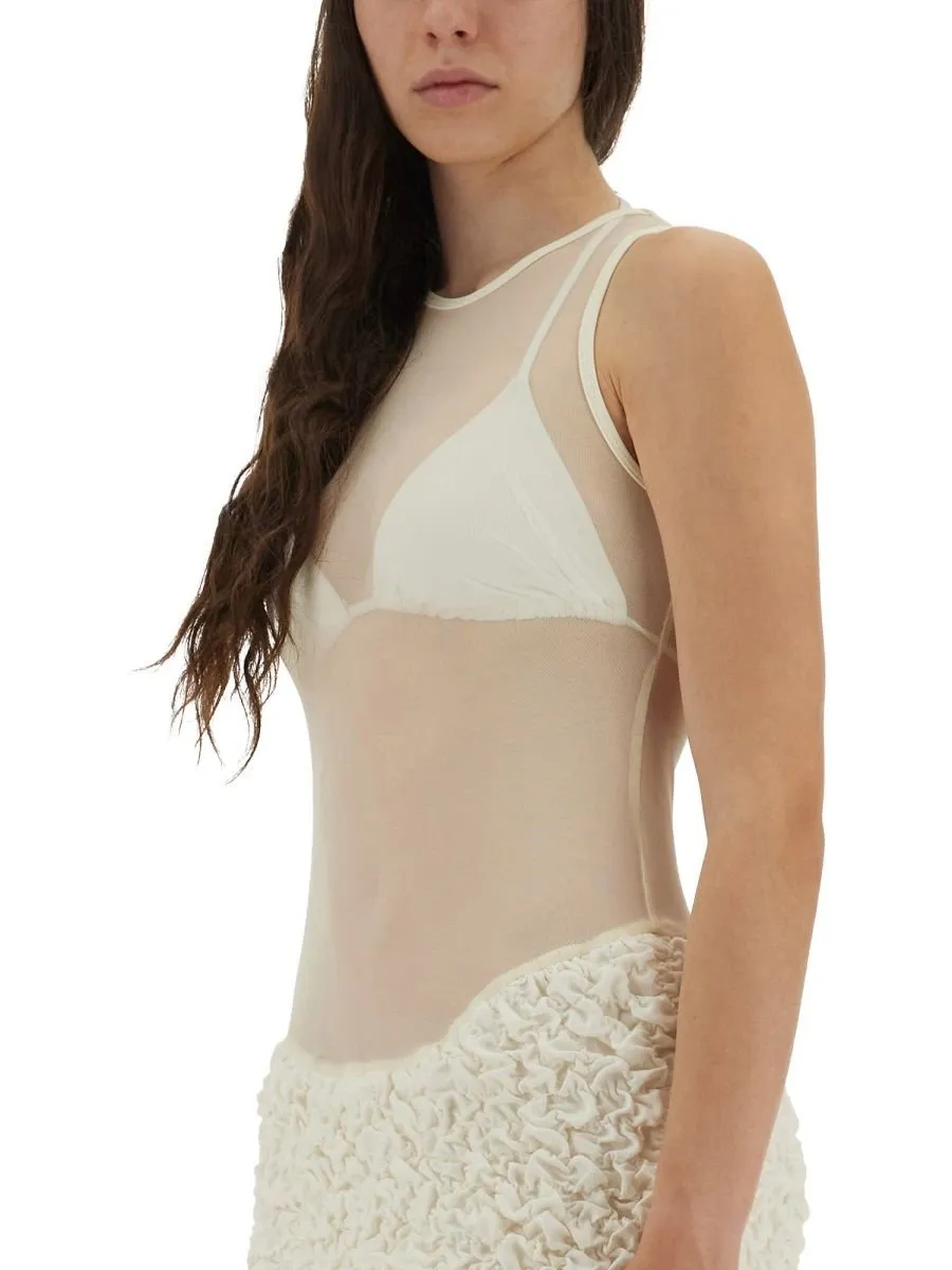 Sheer Mesh Bodysuit With Ruffled Mini Skirt