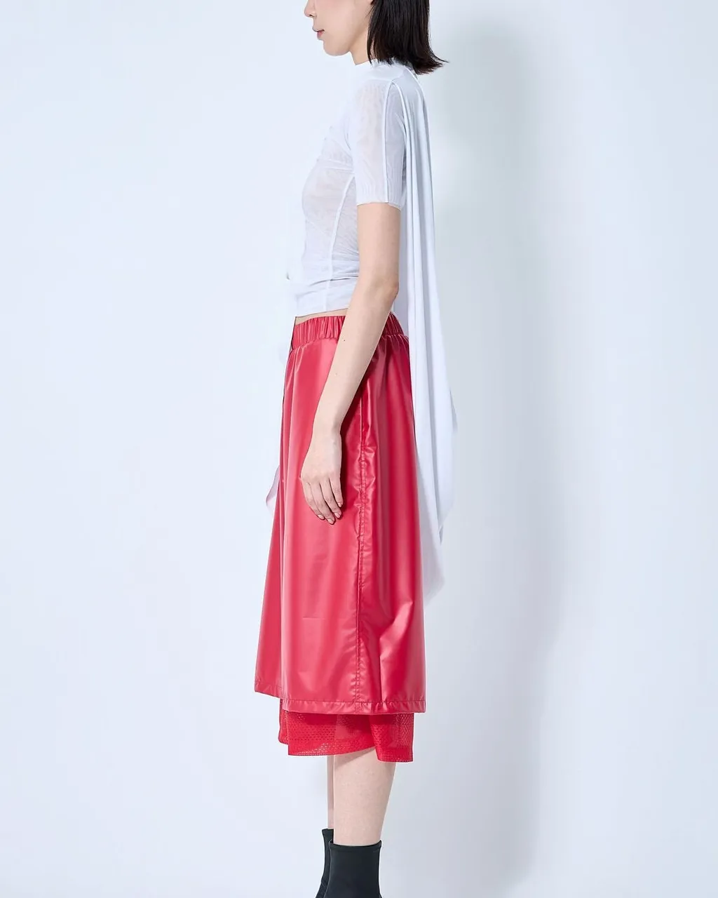 Asymmetrical Draped Top With Mesh Sleeves