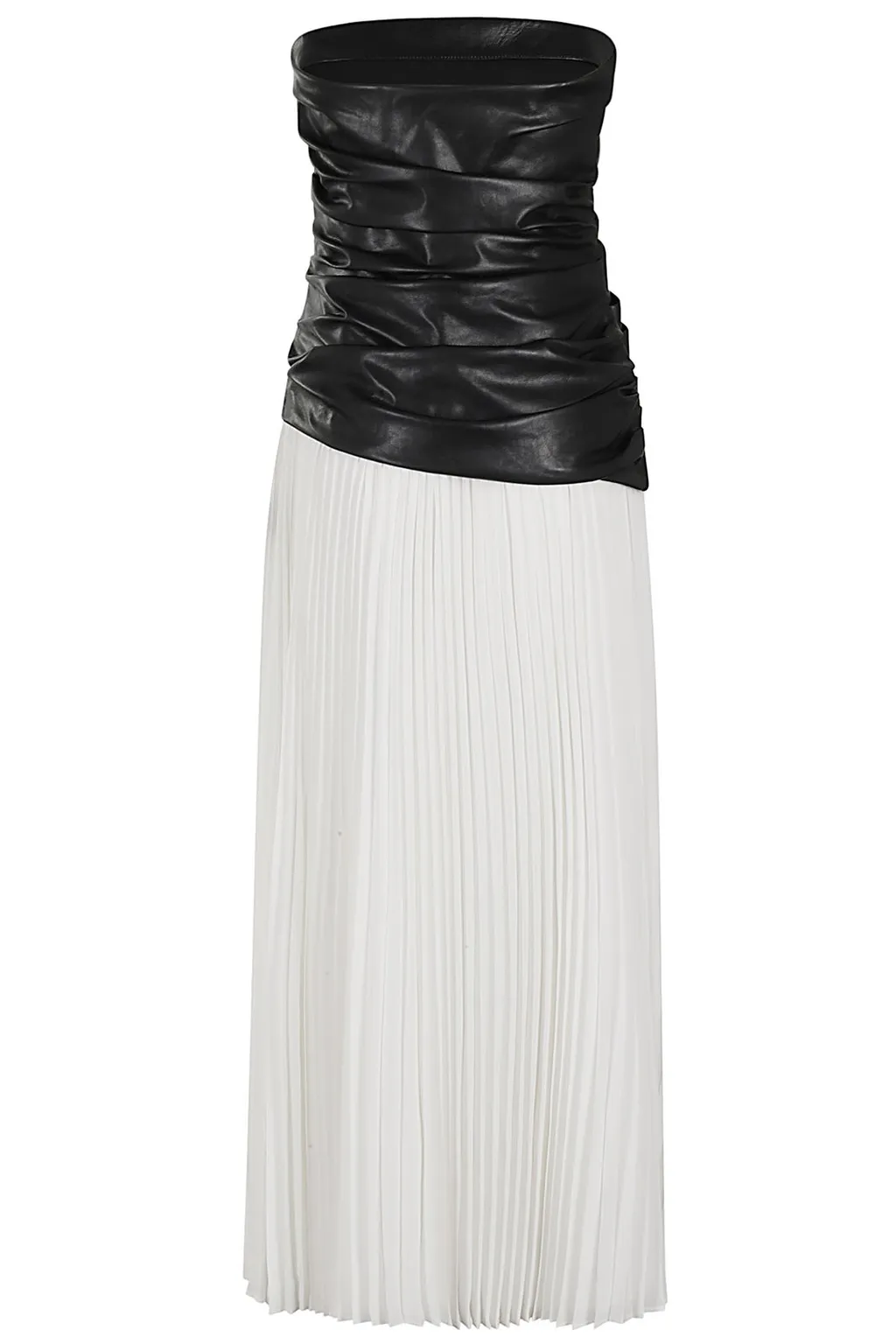 Strapless Ruched Faux Leather And Pleated Maxi Dress