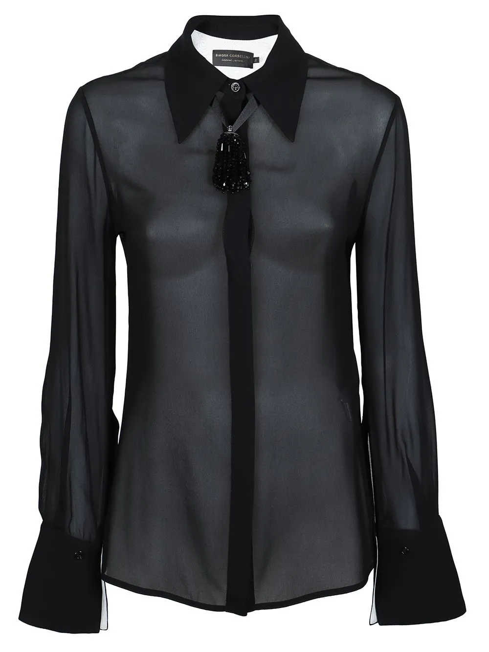 Sheer Button-Up Shirt With Embellished Collar