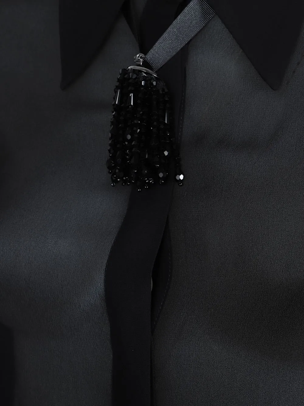 Sheer Button-Up Shirt With Embellished Collar