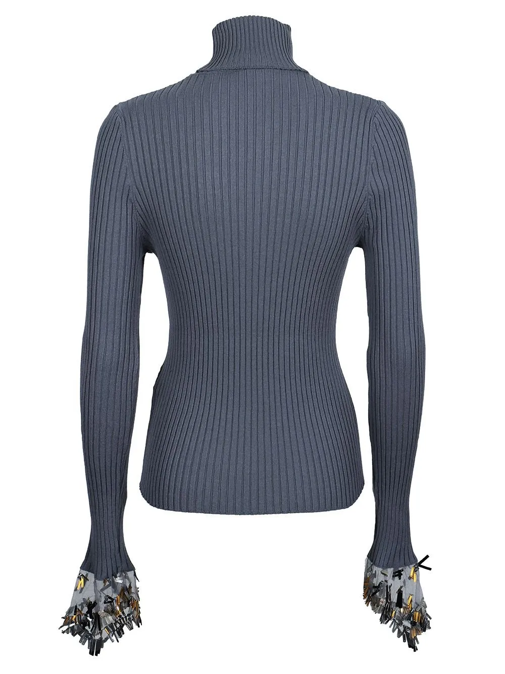 Ribbed Turtleneck Sweater With Embellished Cuffs