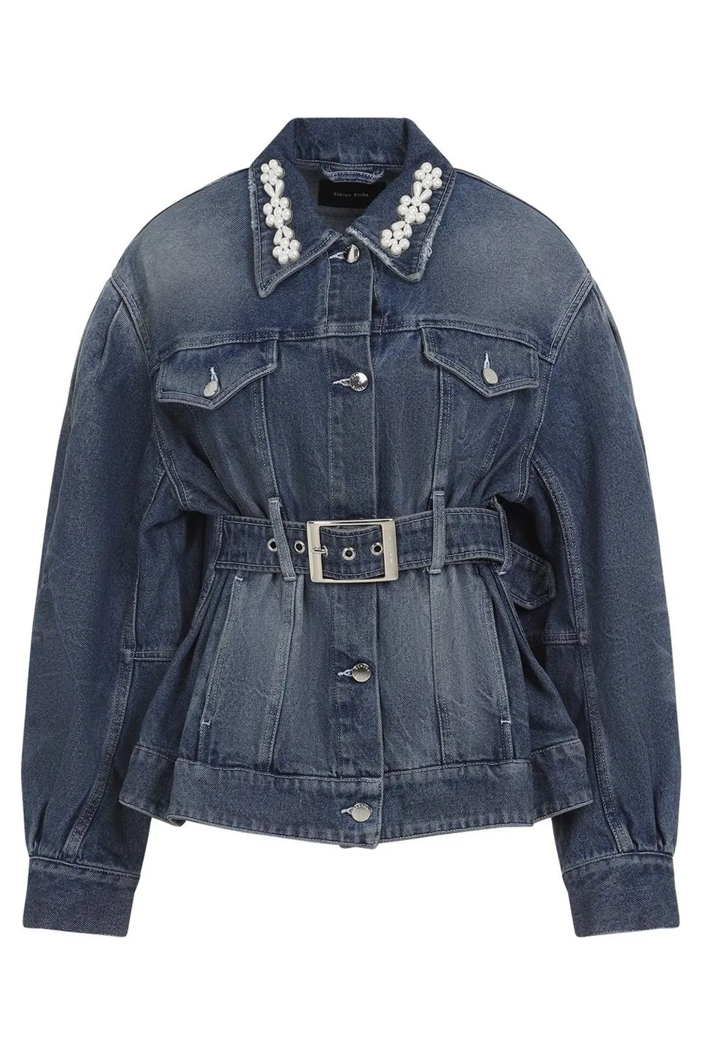 Denim Jacket With Pearl Embellished Collar And Belt