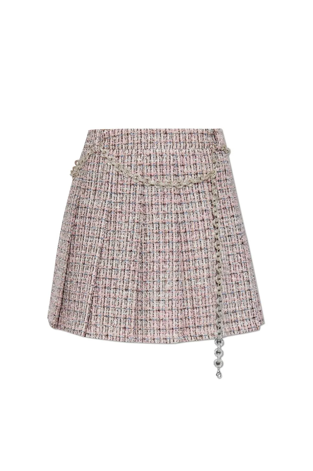 Pleated Tweed Mini Skirt With Chain Belt