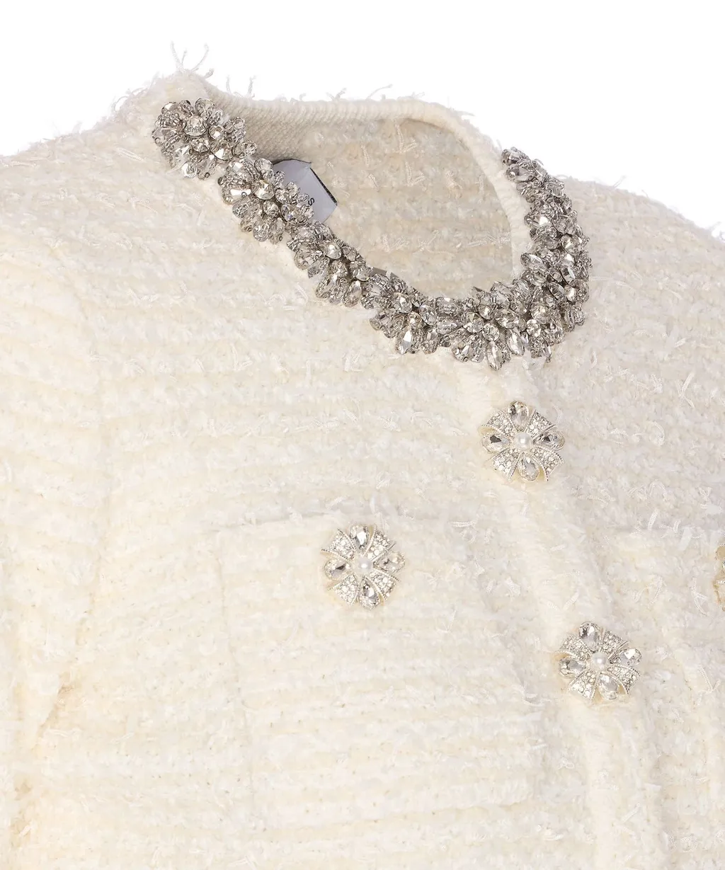 Cropped Tweed Cardigan With Embellished Collar