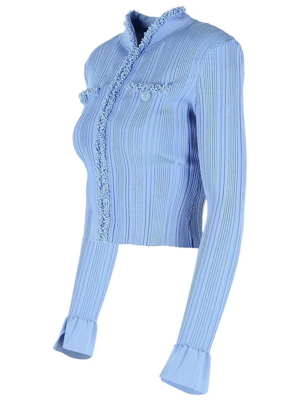 Ribbed Knit Cardigan With Beaded Trim