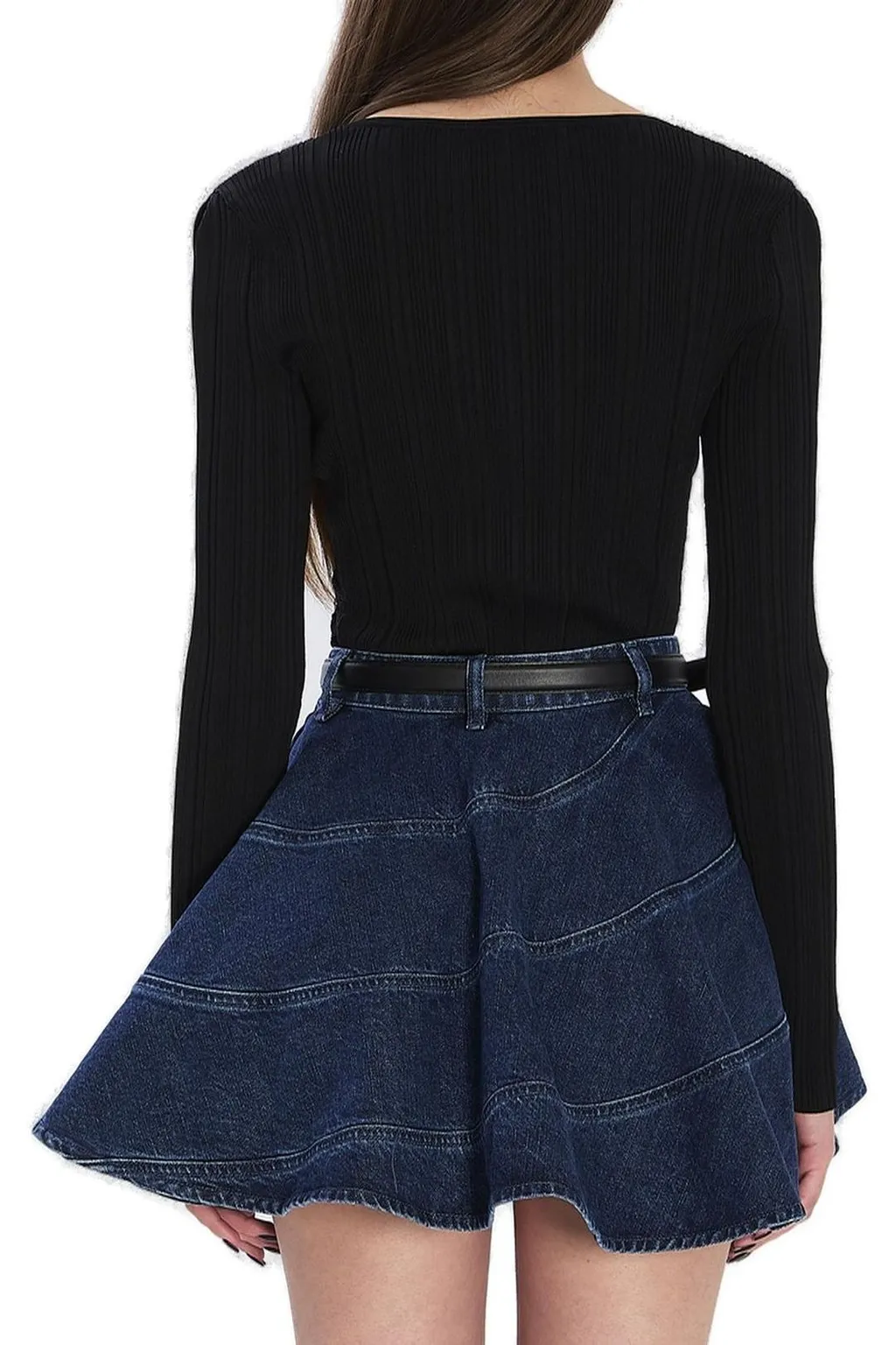 Ribbed Knit Top With Lace Trim And Flared Sleeves