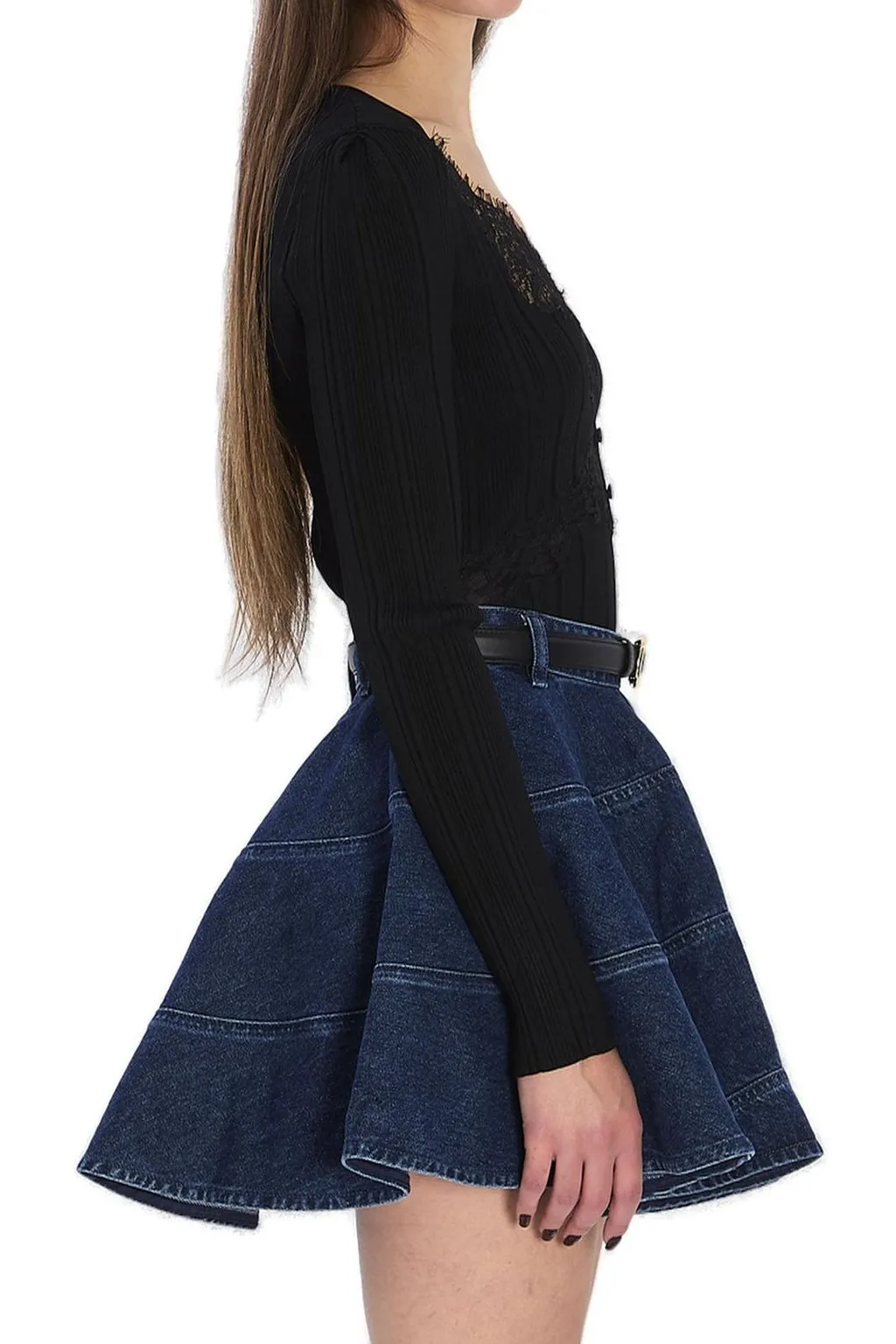 Ribbed Knit Top With Lace Trim And Flared Sleeves