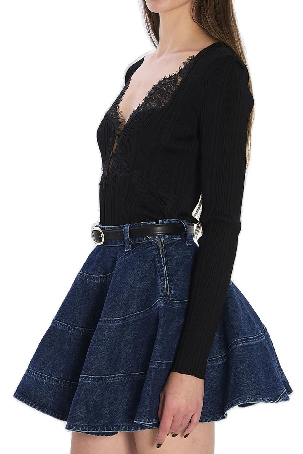 Ribbed Knit Top With Lace Trim And Flared Sleeves