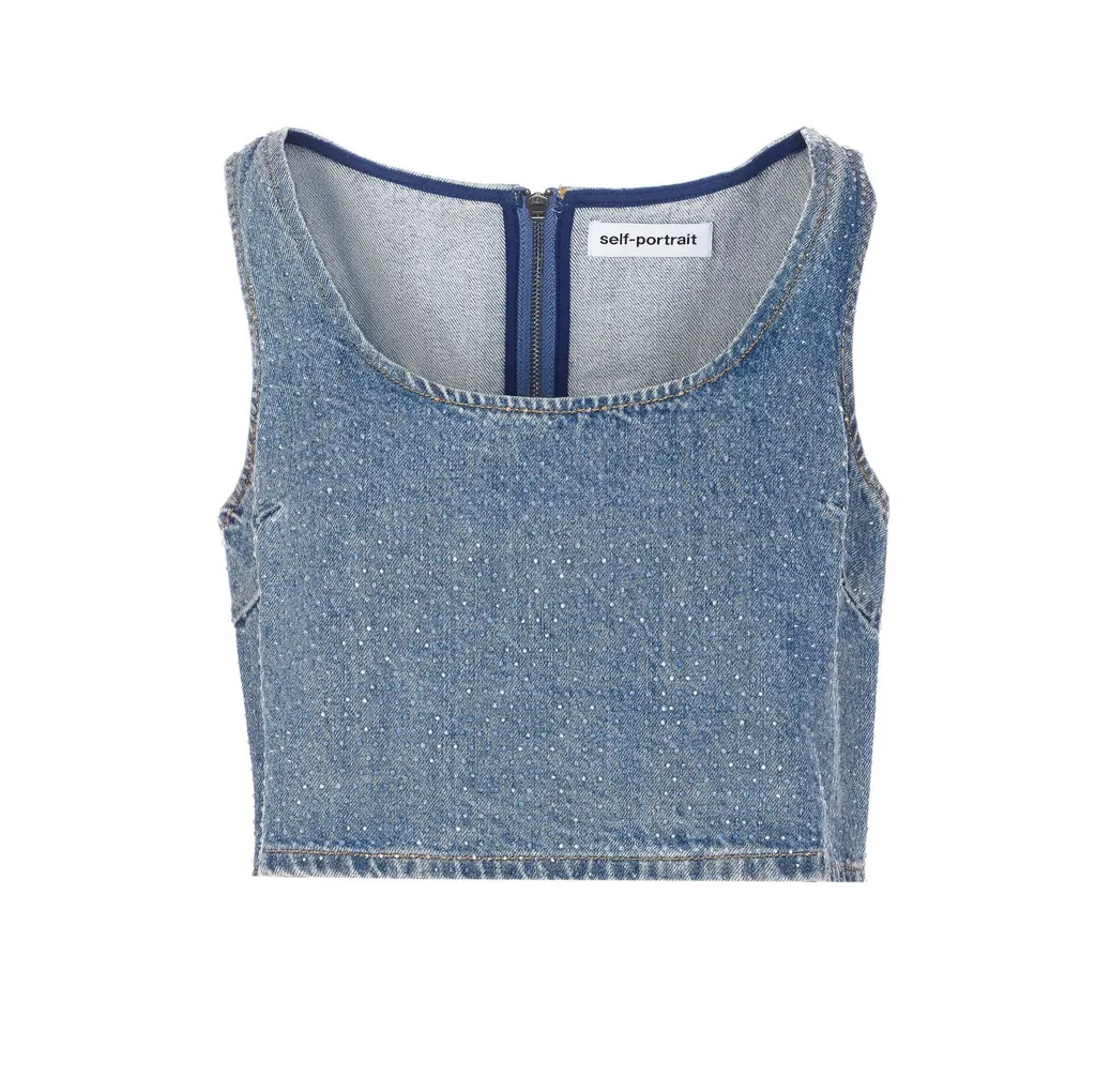 Denim Crop Top With Rhinestones
