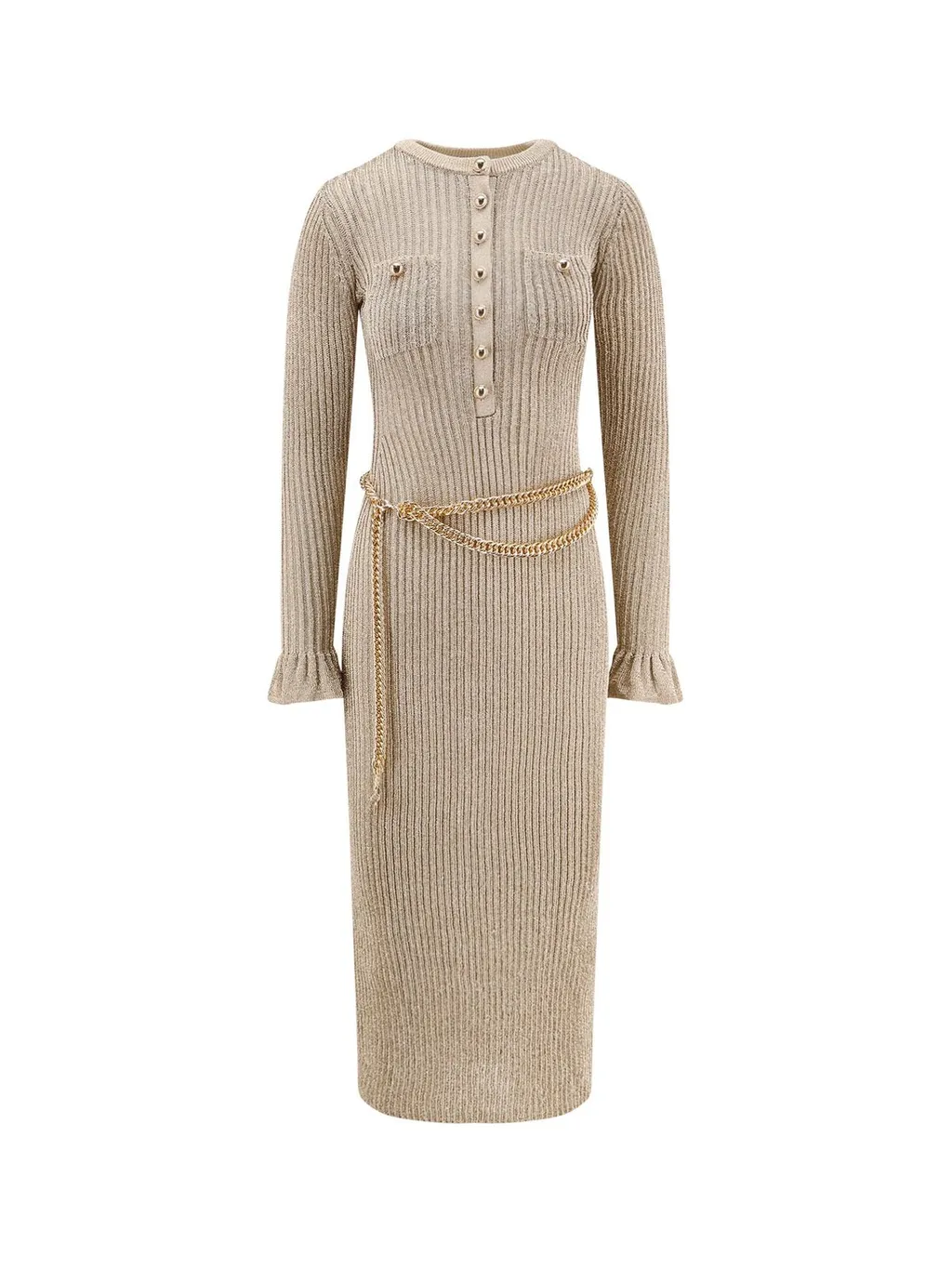 Ribbed Knit Midi Dress With Chain Belt
