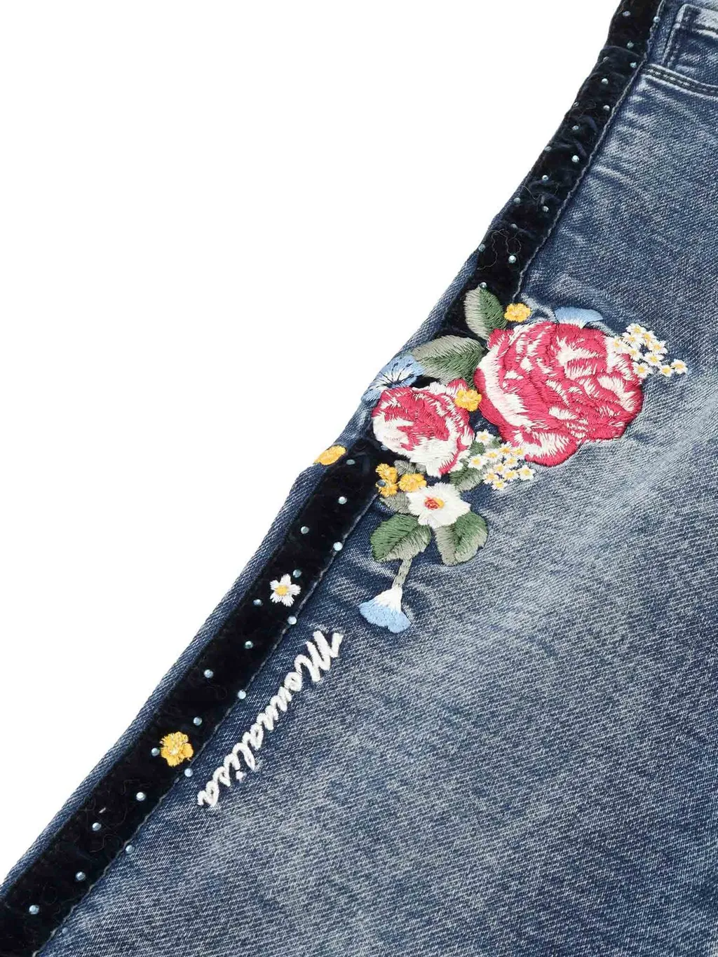 Monnalisa Floral Embroidered Denim Jeans