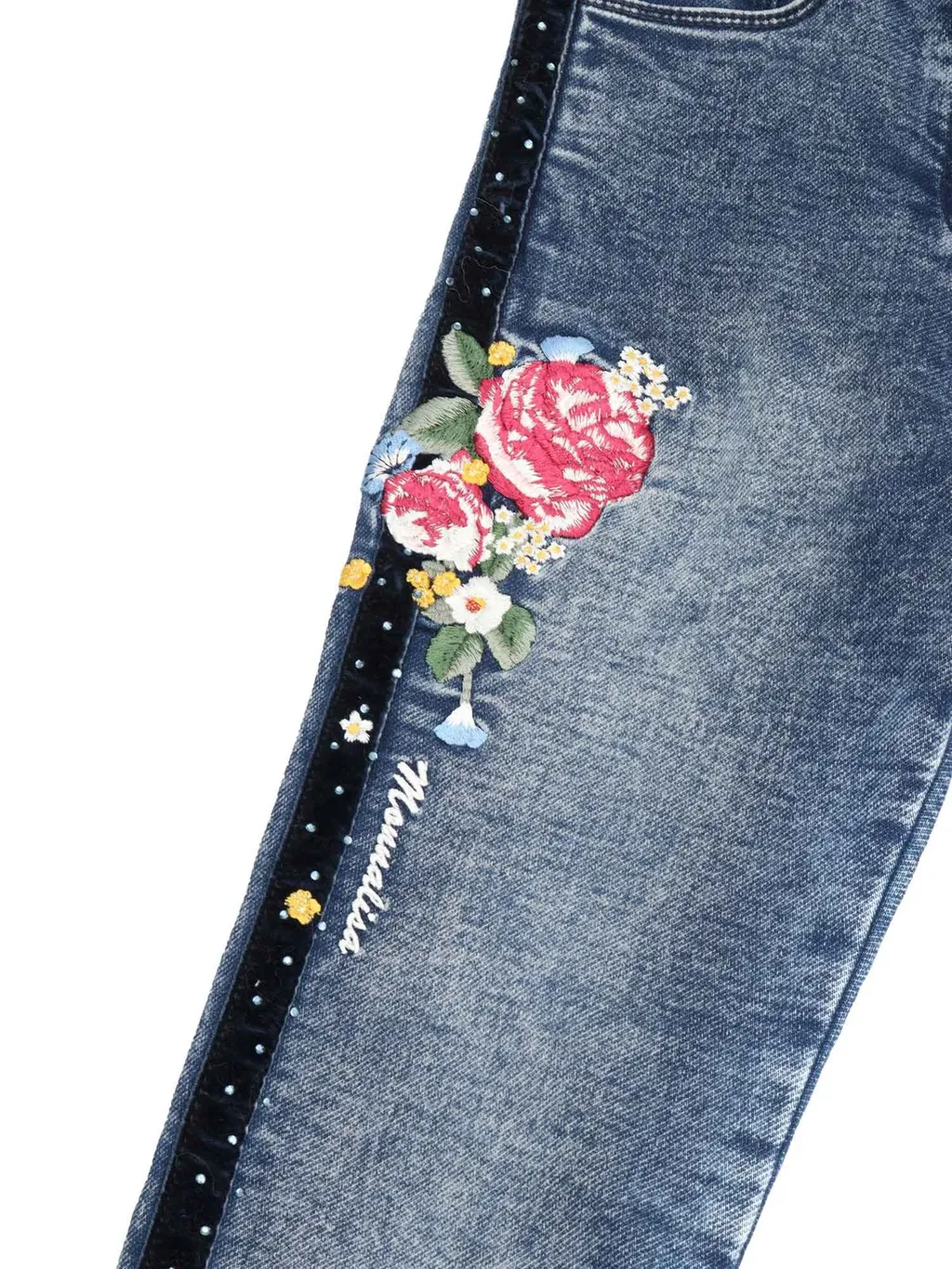 Monnalisa Floral Embroidered Denim Jeans