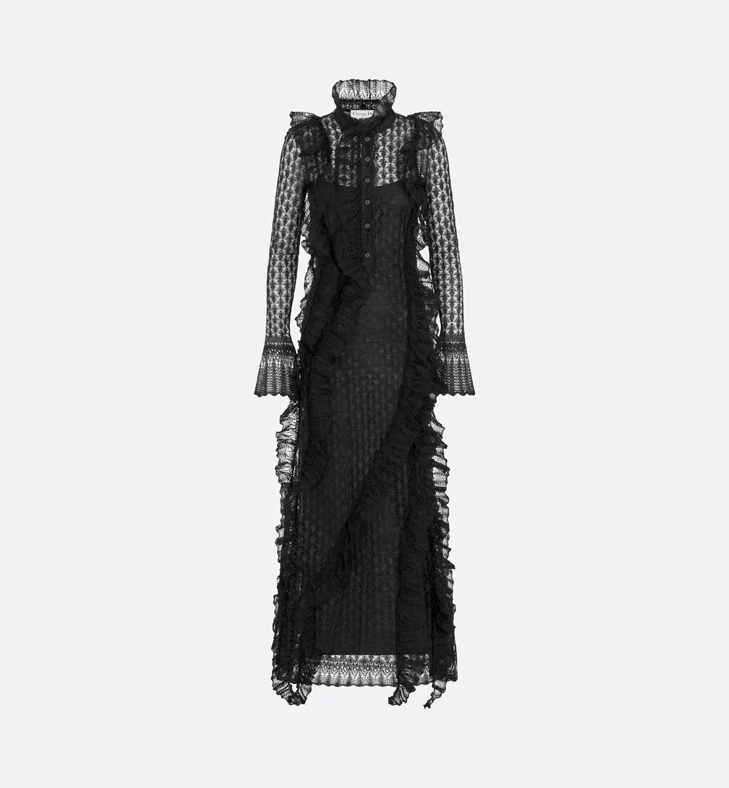 Long Ruffled Dress With Removable Ruched Collar