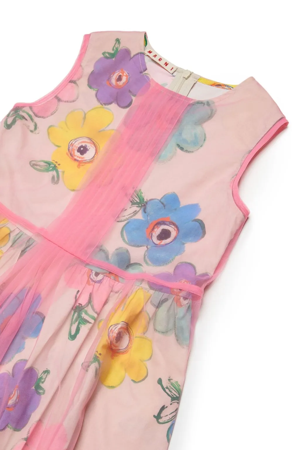 Marni Kids Floral Printed Tulle Sleeveless Dress