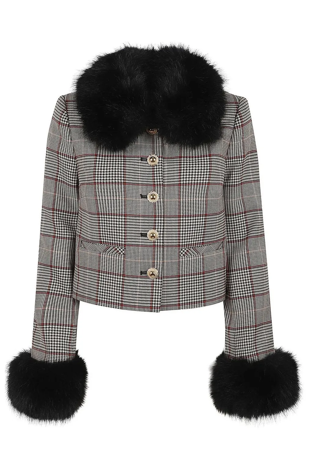 Self-Portrait Check Fur Cuff Jacket