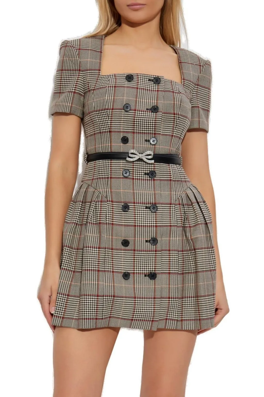 Self-Portrait Check Short Sleeve Mini Dress