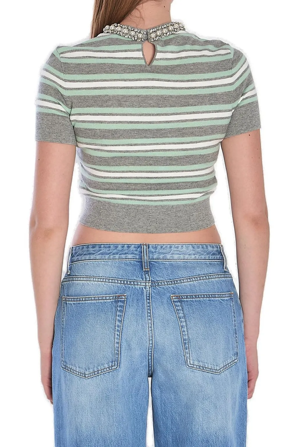 Self-Portrait Striped Embellished-Trim Knitted Top