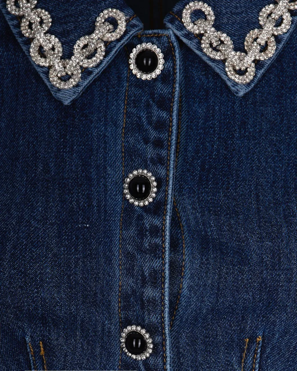 Self-Portrait Embellished Trim Collared Denim Mini Dress