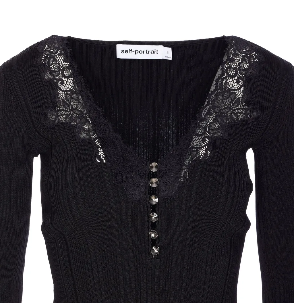 Self-Portrait Lace-Trim Long-Sleeved Ribbed-Knit Top