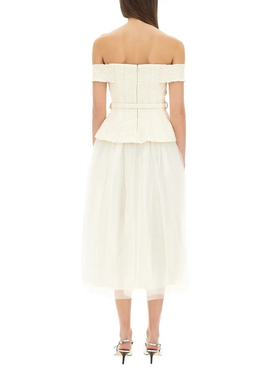 Self-Portrait Off-Shoulder Bouclé Tulle Midi Dress