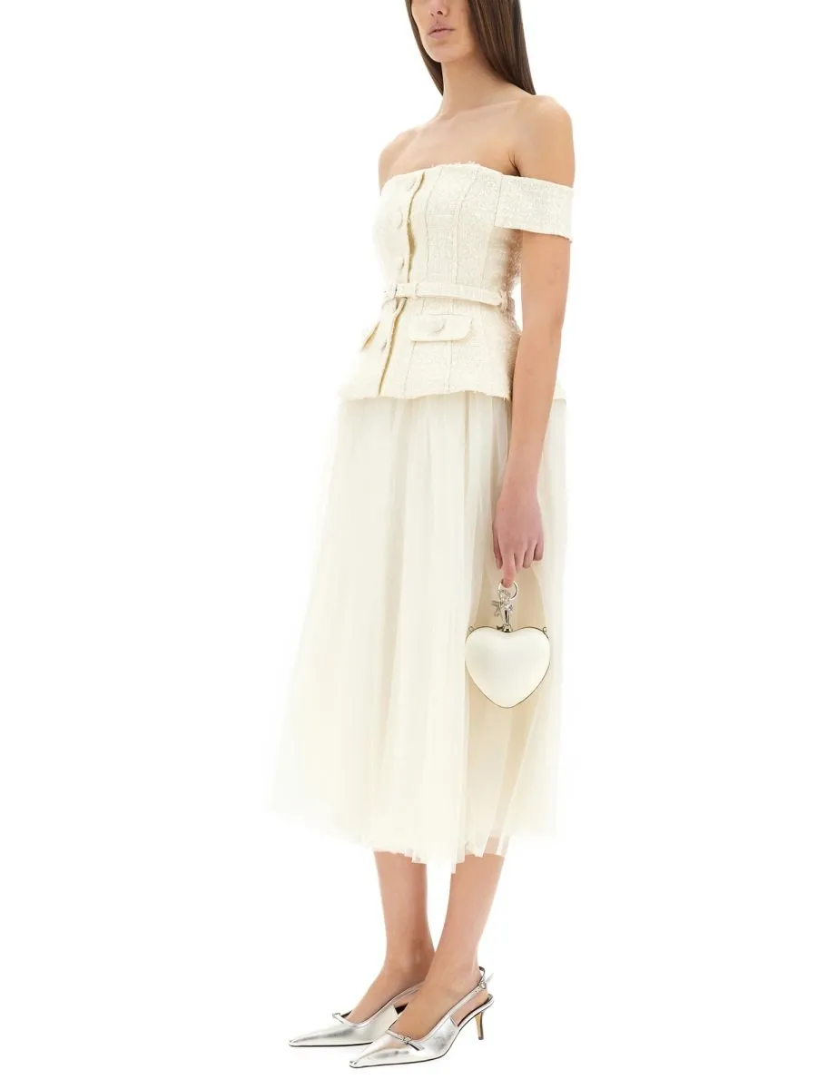 Self-Portrait Off-Shoulder Bouclé Tulle Midi Dress