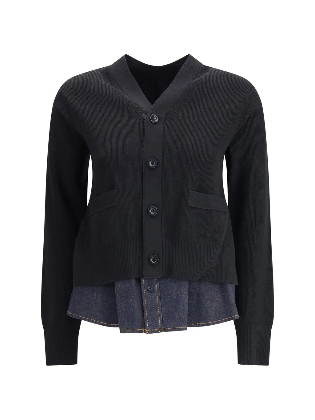Sacai Denim-Panel Knitted Cardigan