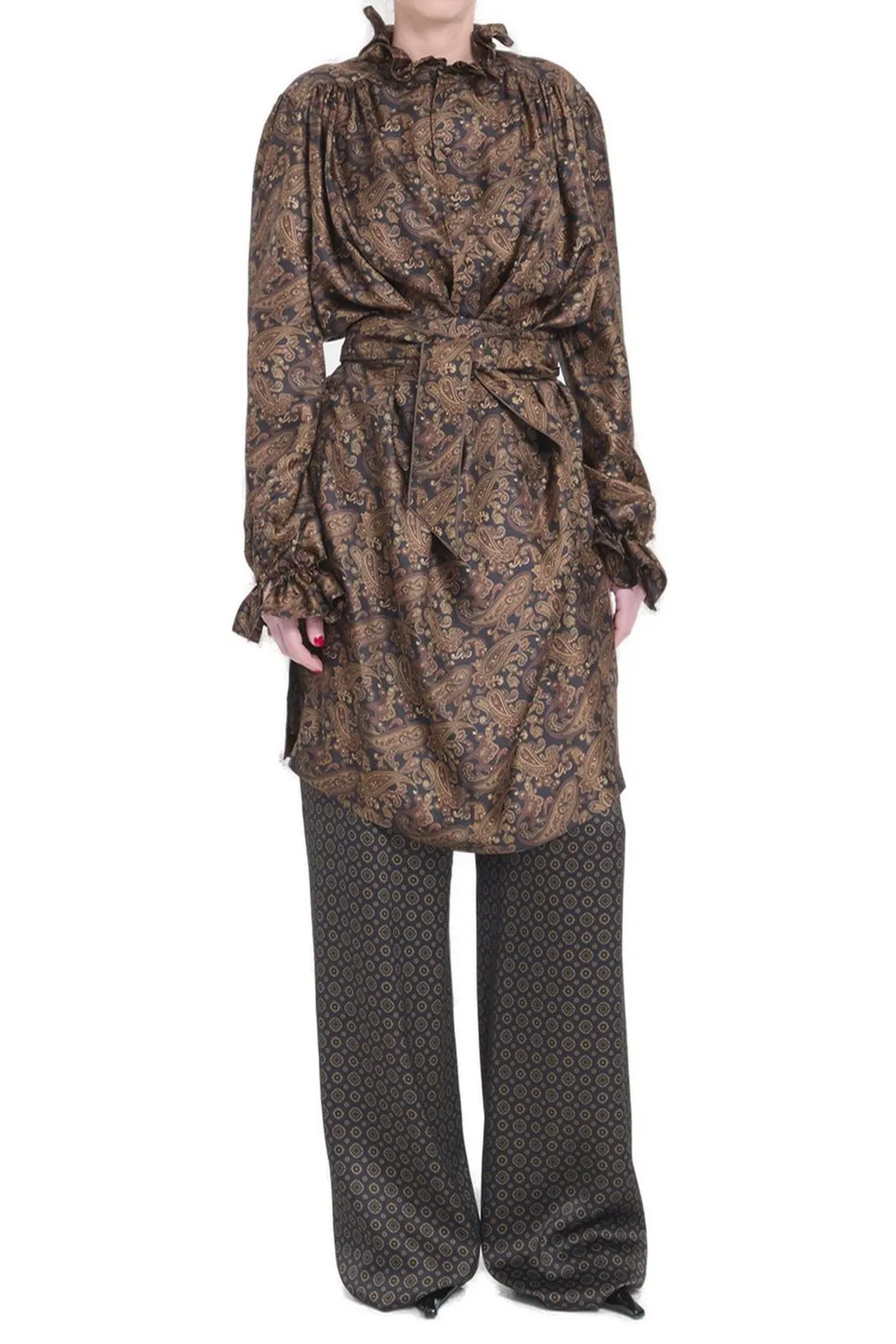 Saint Laurent Paisley Belted Long-Sleeved Dress