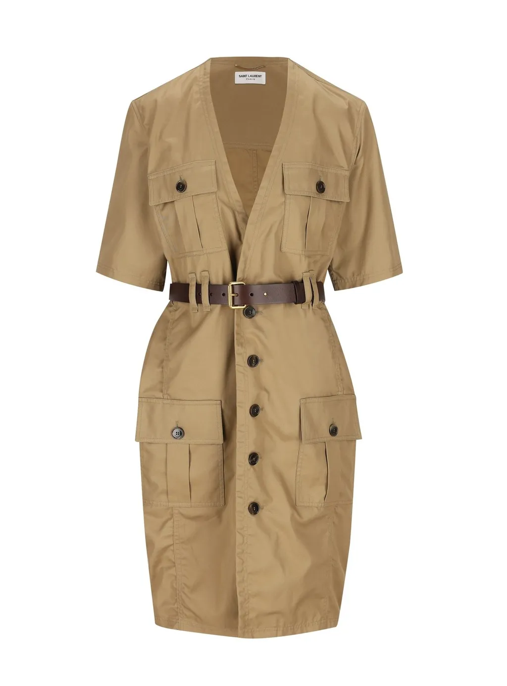 Saint Laurent Saharienne V-Neck Short-Sleeved Dress