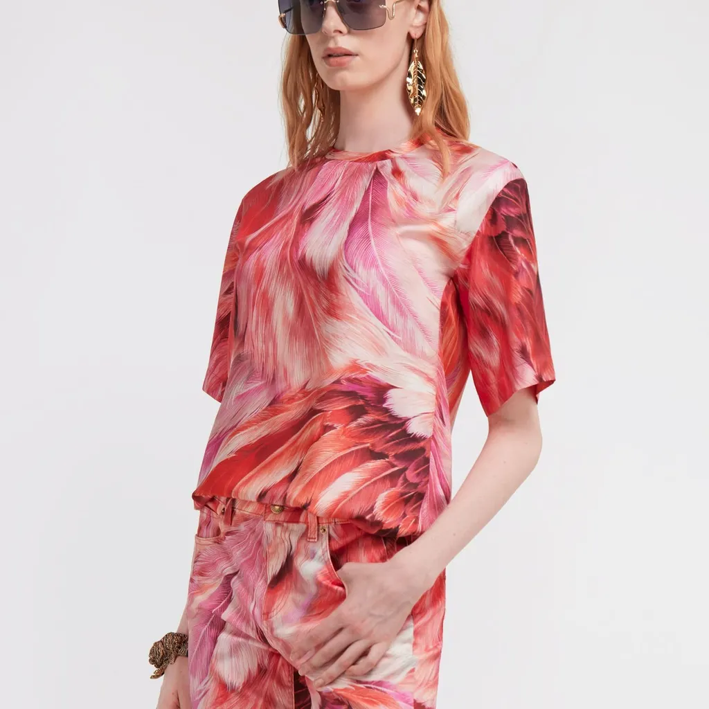 Roberto Cavalli Plumange Print Silk Top
