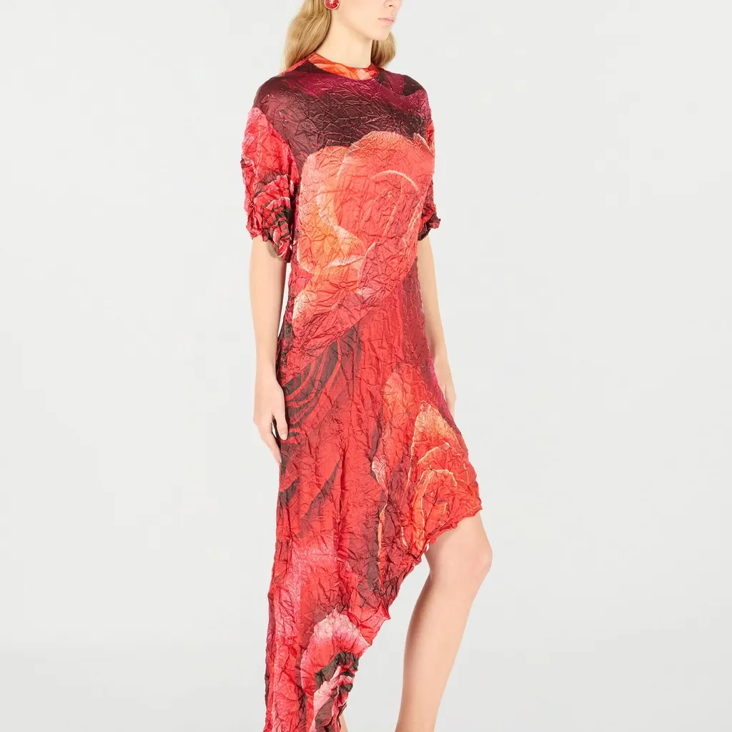 Roberto Cavalli Rose Printed Crinkled Asymmetric Dress