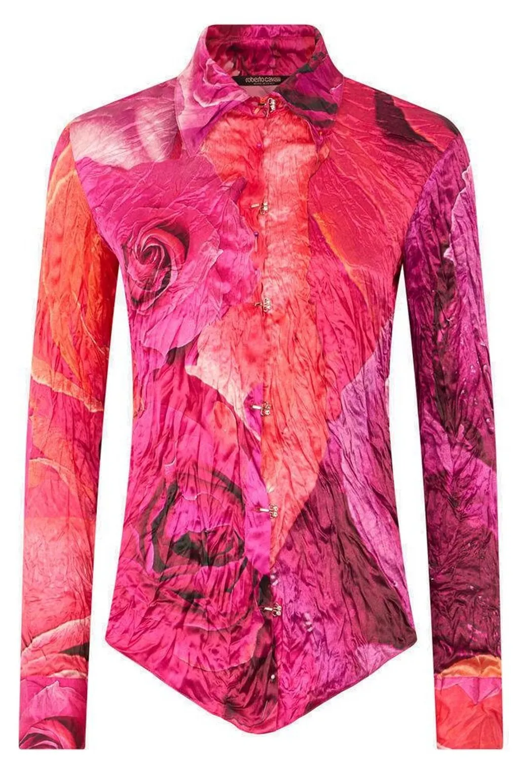 Roberto Cavalli Bejeweled Buttons And Rose Printed Shirt