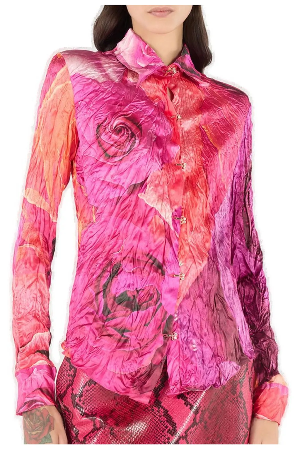 Roberto Cavalli Bejeweled Buttons And Rose Printed Shirt