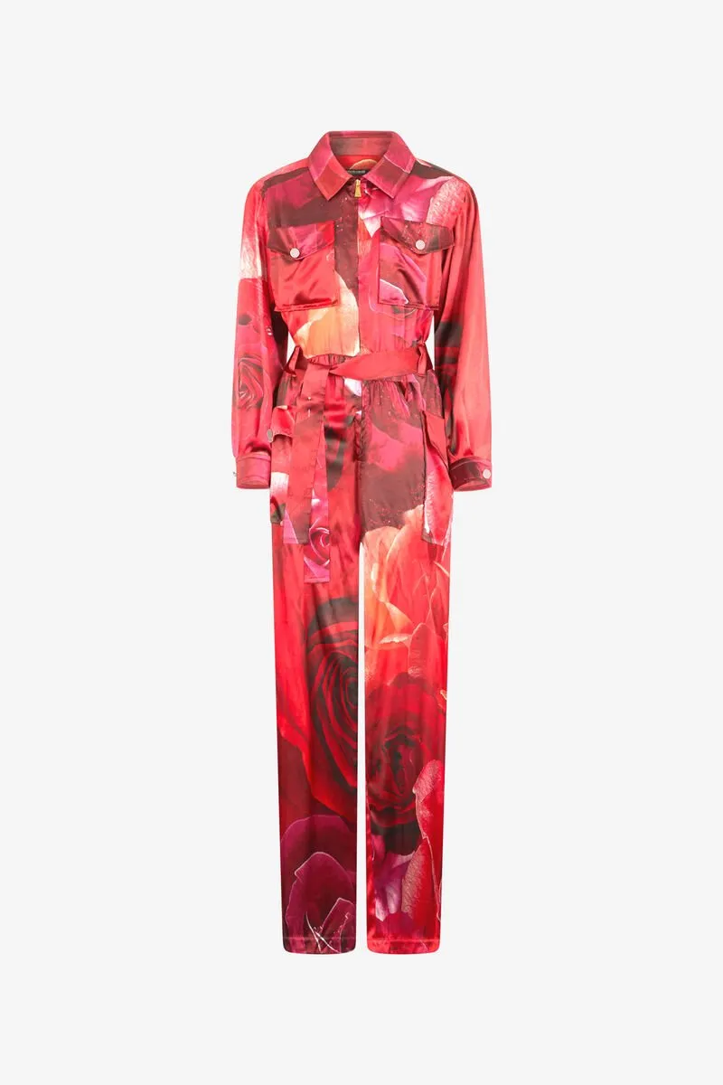 Roberto Cavalli Rose-Print Shirt-Style Jumpsuit