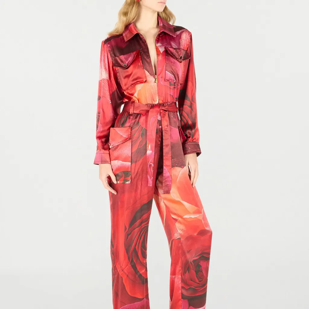 Roberto Cavalli Rose-Print Shirt-Style Jumpsuit