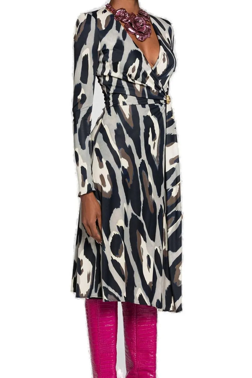 Roberto Cavalli Animal Print Wrap Midi Dress