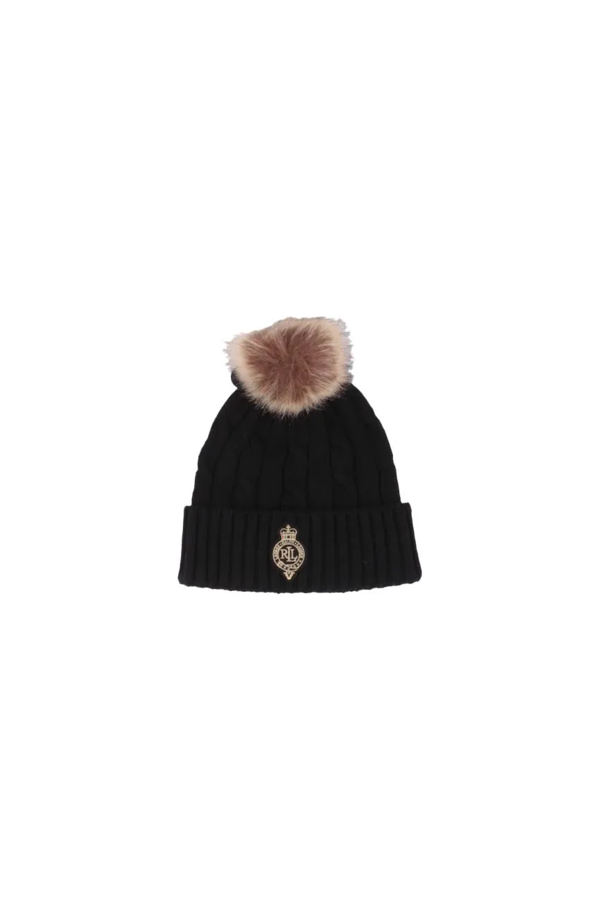 Lauren Ralph Lauren Crest-Patch Pom-Pom Cable-Knit Beanie