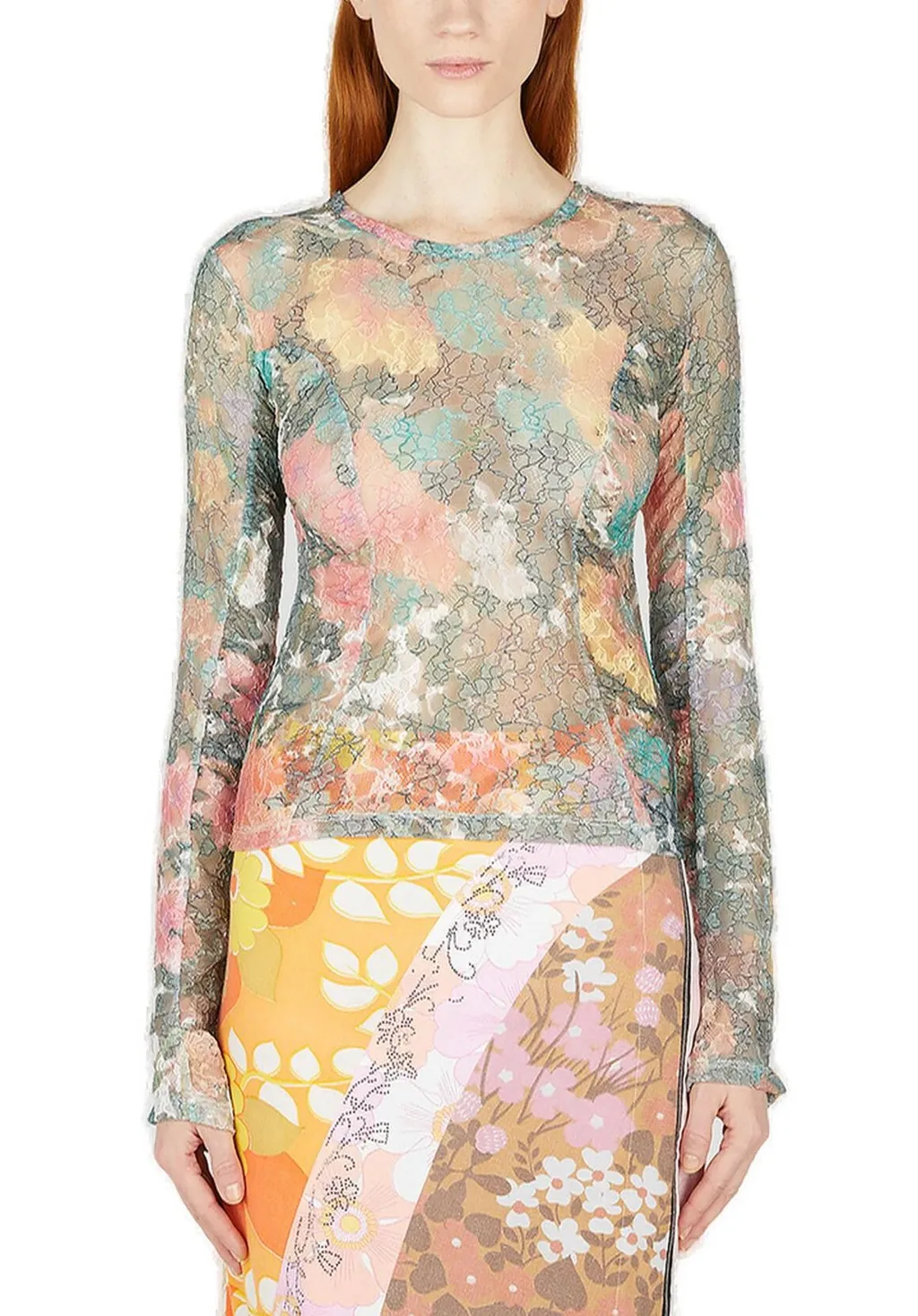 Rave Review Sol Graphic Motif Lace Mesh Long Sleeved Top