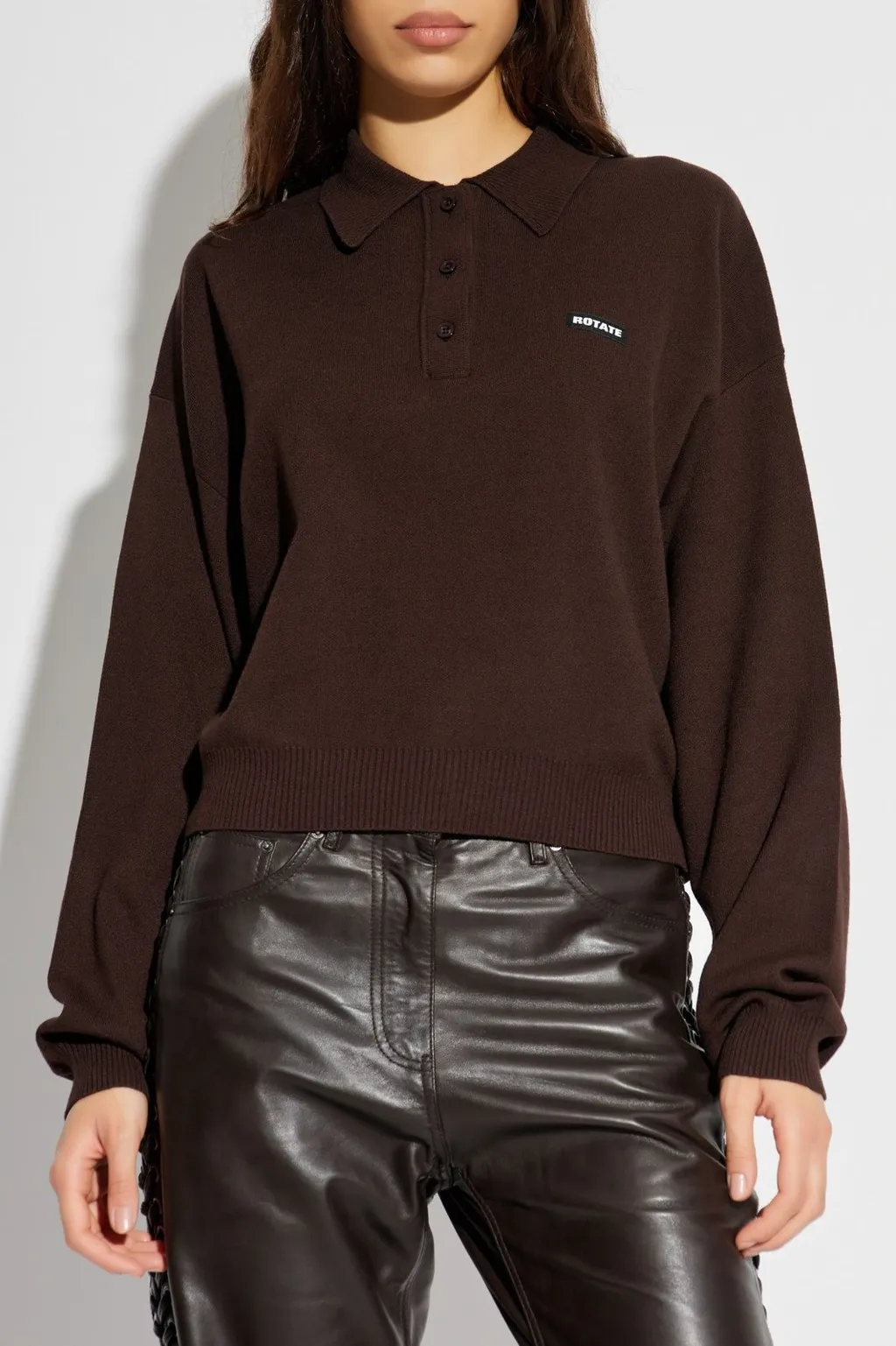 Rotate Long Sleeved Cropped Knit Polo Shirt