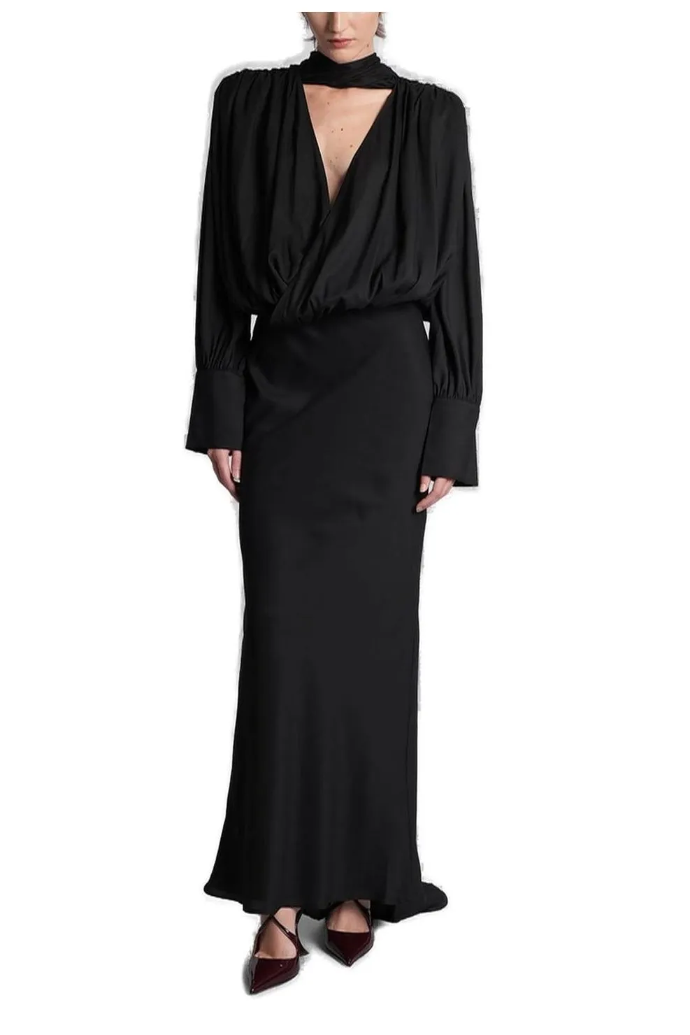 Rotate Chiffon Long-Sleeve V-Neck Maxi Dress