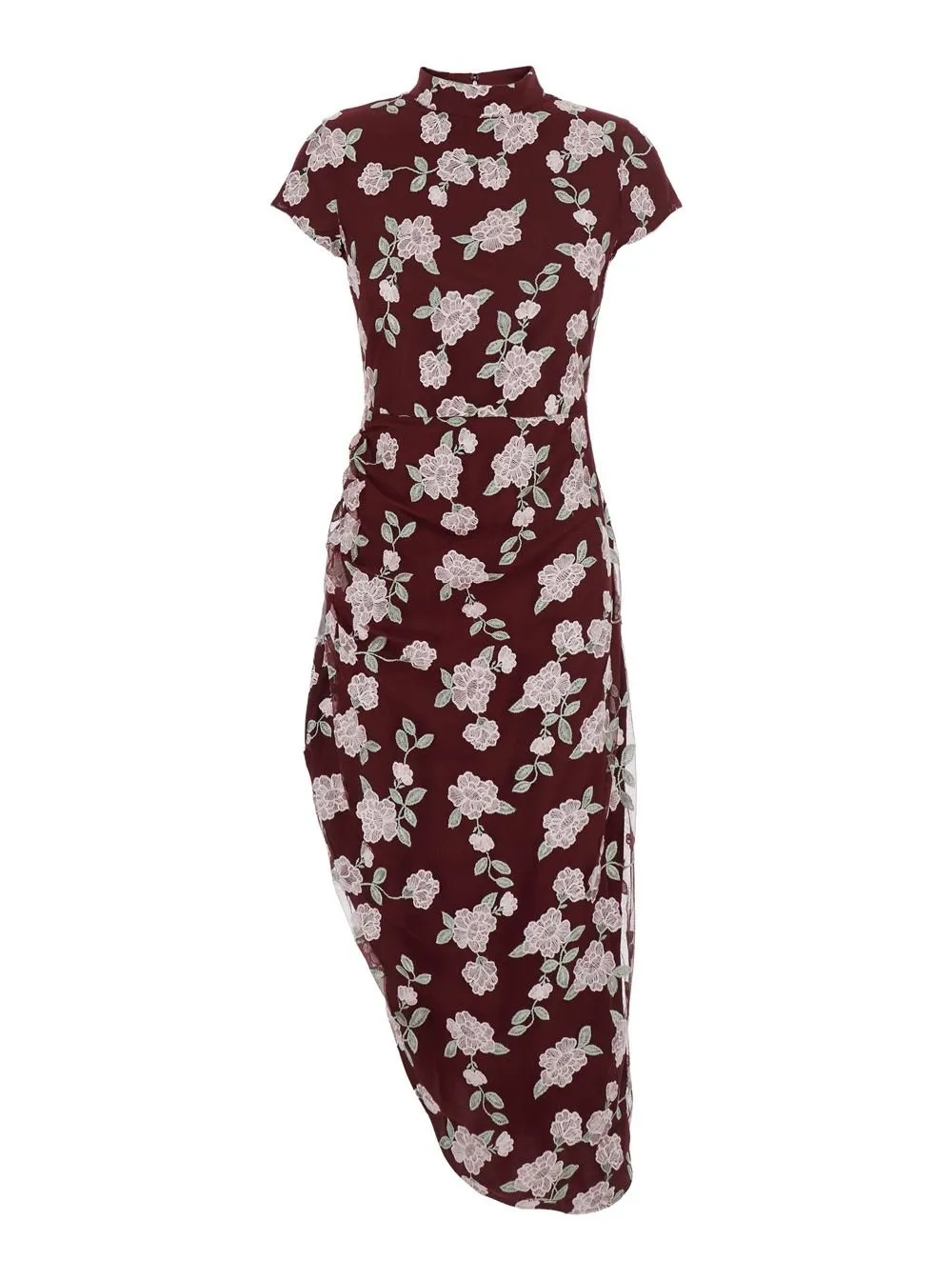 Rotate Floral Printed Mesh Asymmetric Dress