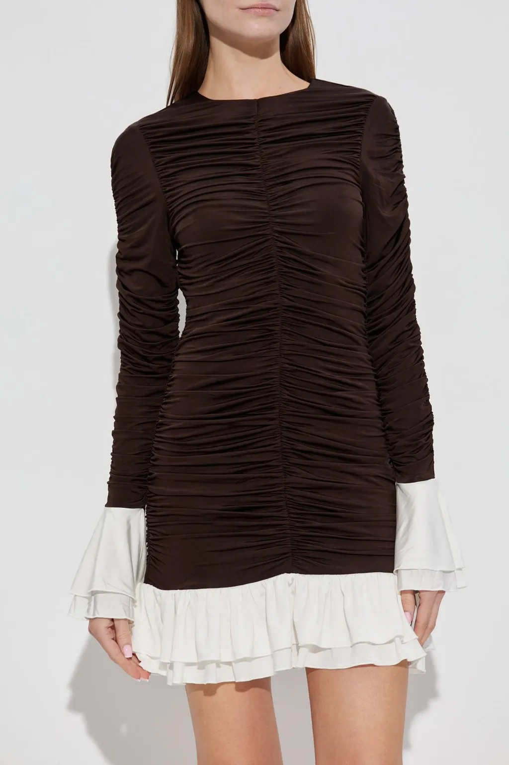 Rotate Ruffle-Trim Ruched Mini Dress