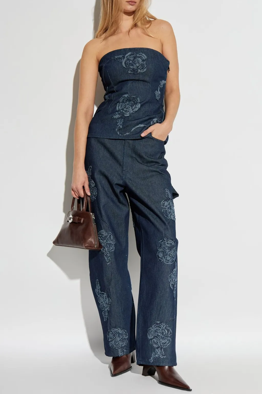 Rotate Floral Denim Strapless Top