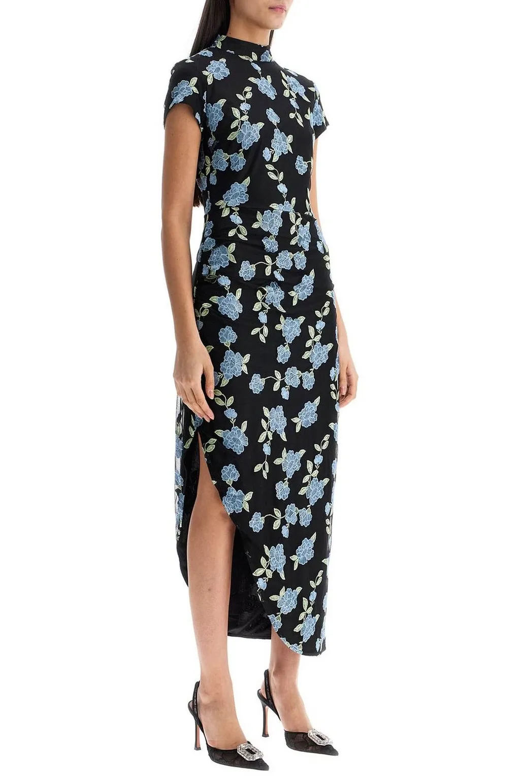Rotate Floral Printed Mesh Asymmetric Dress