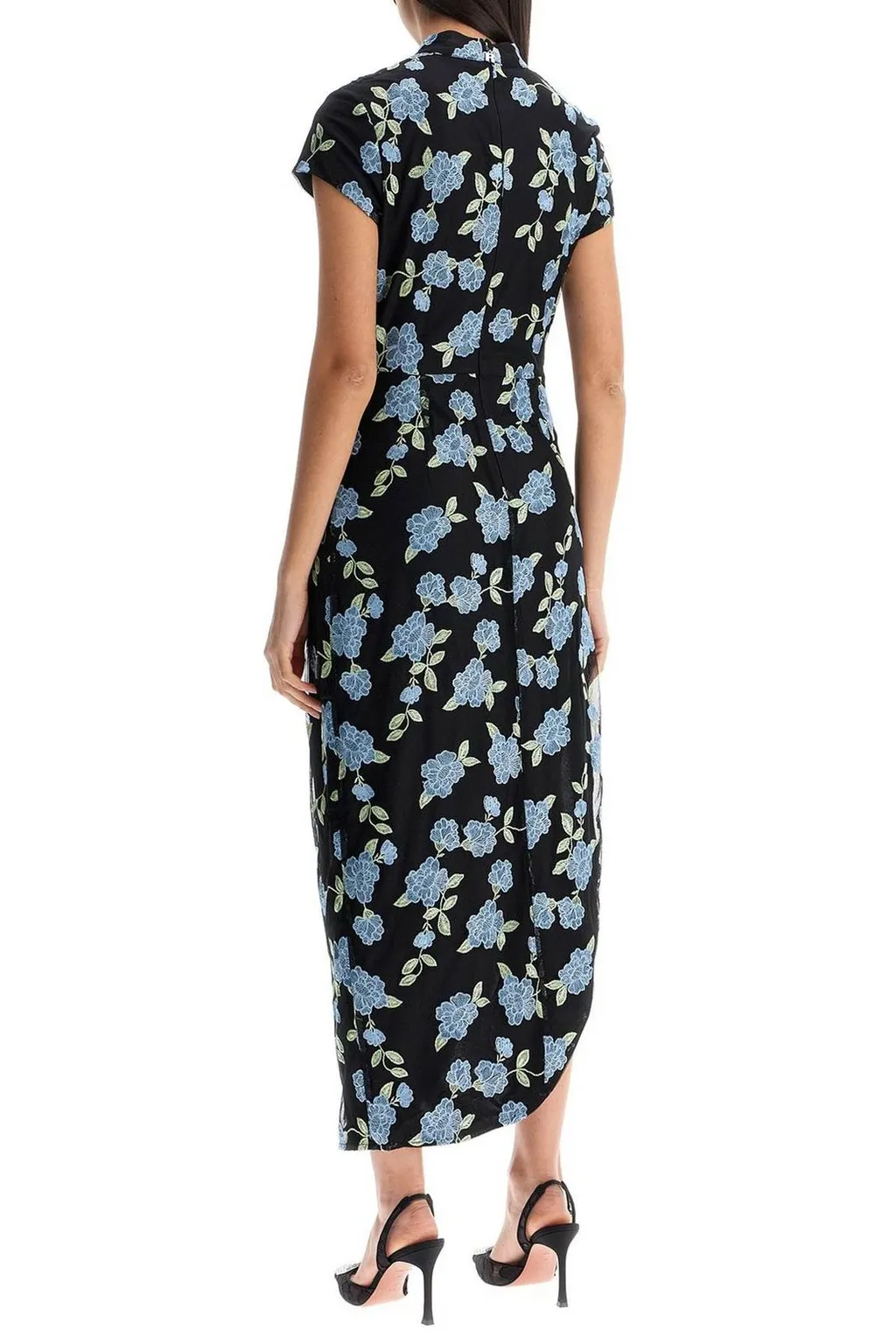 Rotate Floral Printed Mesh Asymmetric Dress